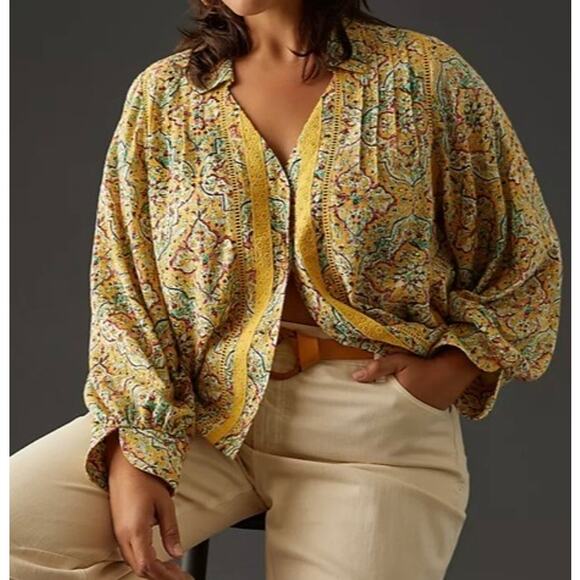 Pilcro Tops - Anthropologie Pilcro Sz 1X Pintuck Peasant Blouse Yellow Floral Crochet Cottage